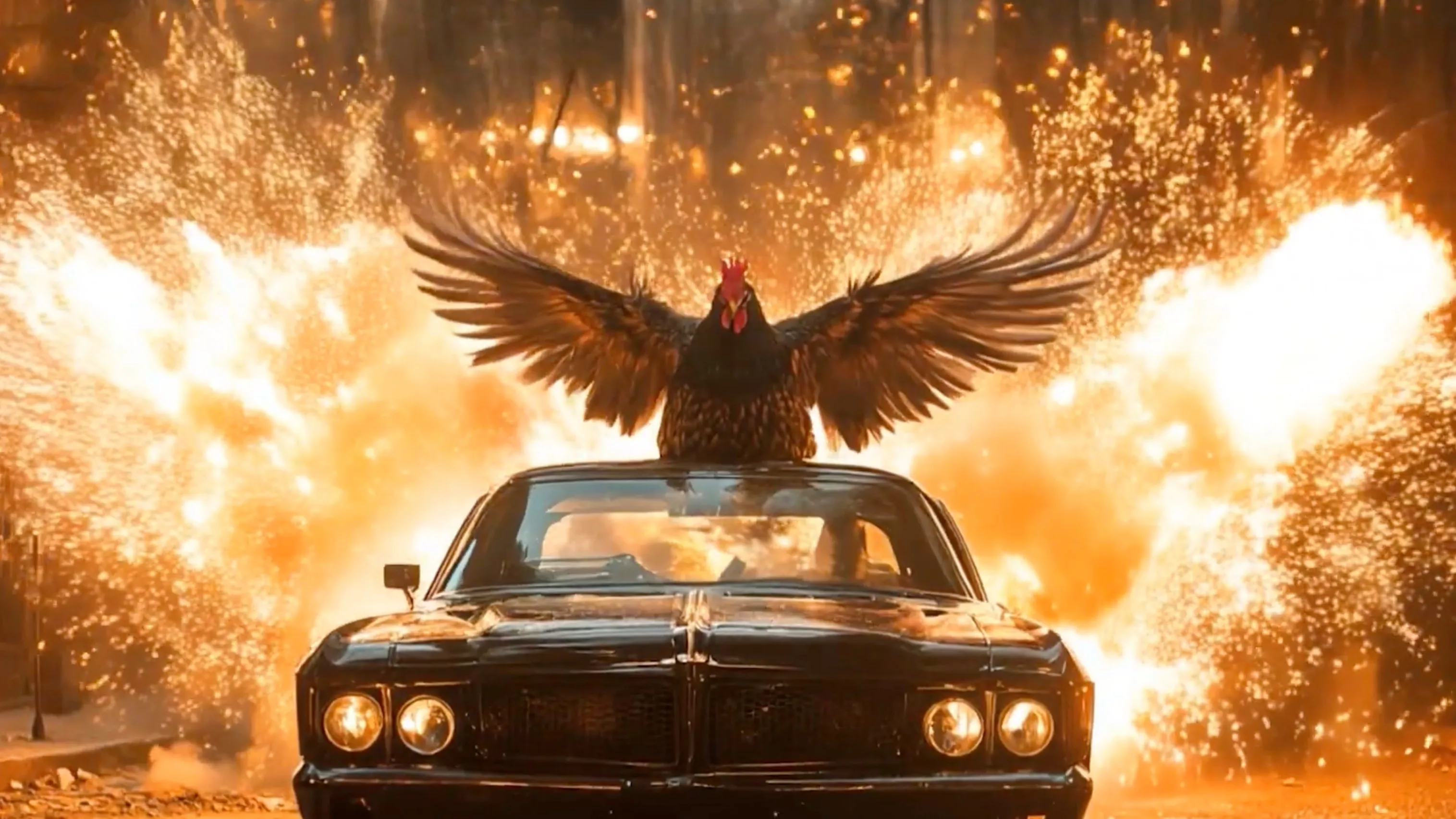 AI commercial 'Mashhoor': a rooster with spread wings on a black car amid fire sparks