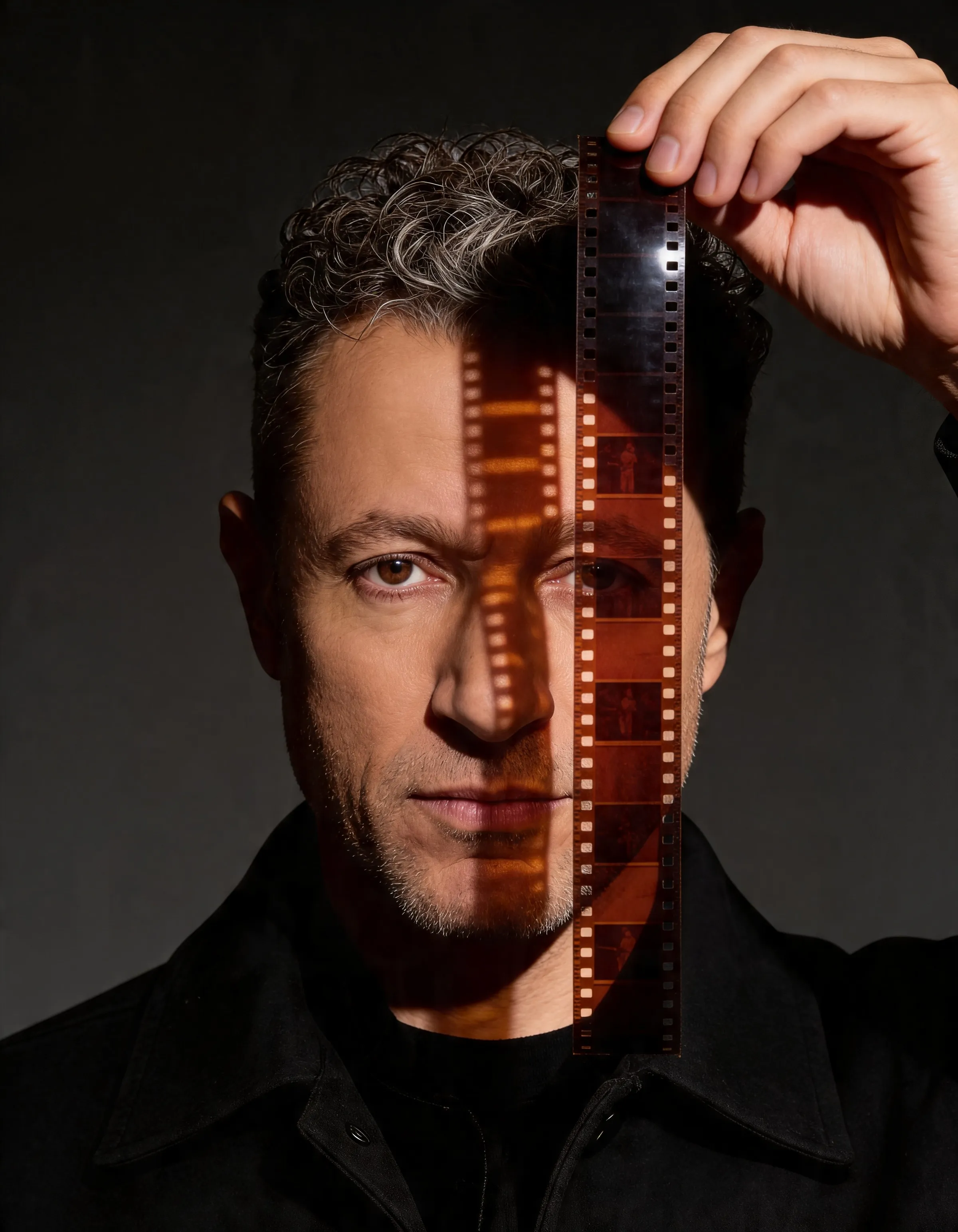 Waleed Nassif holding a strip of film in front of his face, the frames casting an amber shadow across his cheek
