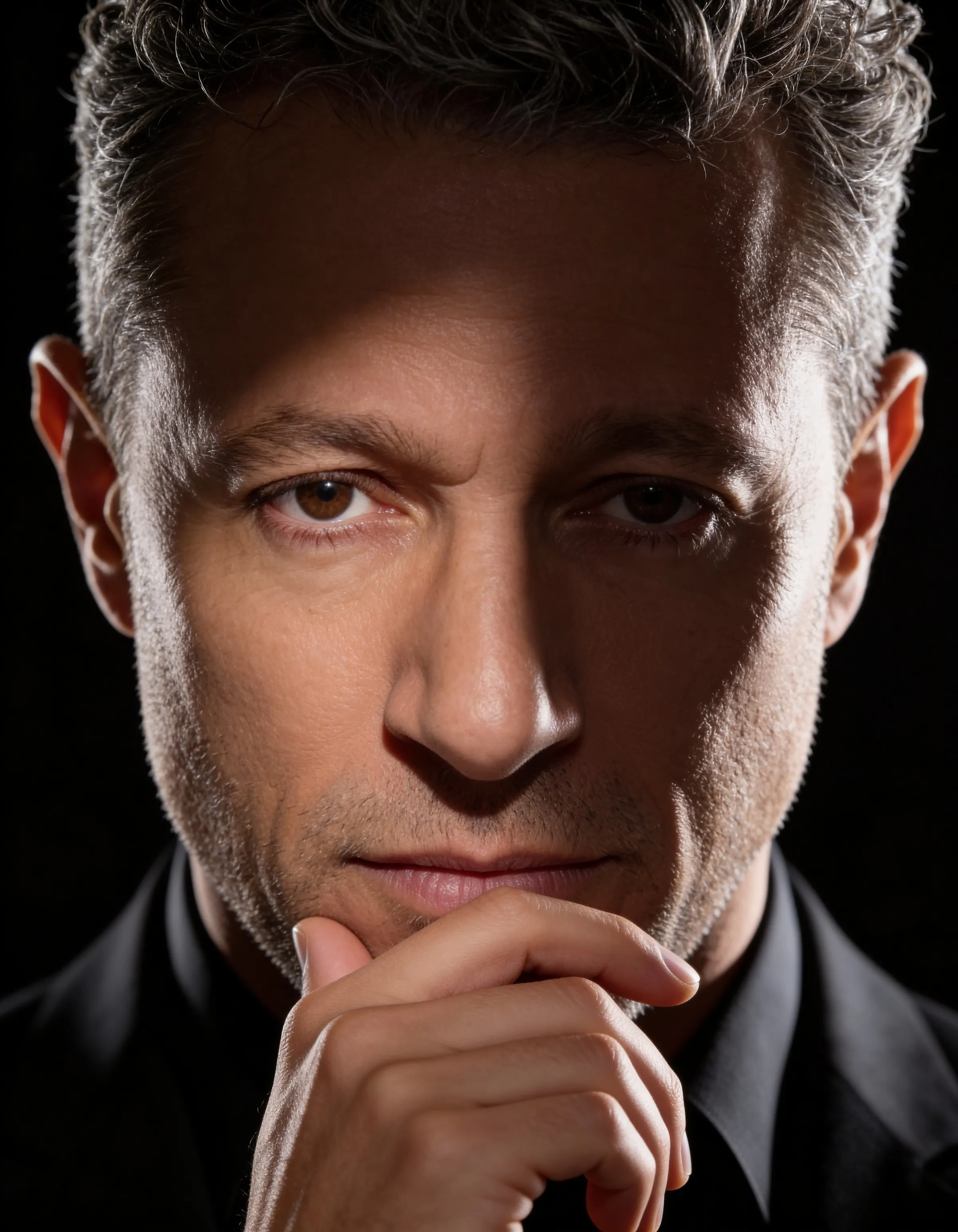 Close-up portrait of Waleed Nassif against a black background, his hand at his chin